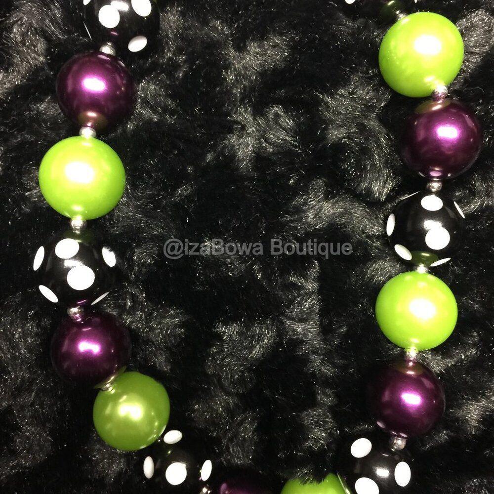 Black Polka Dot, Purple & Green Chunky Bead Necklace NK1206 Handmade NWT